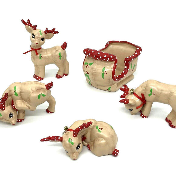 KIMPLE Christmas‎ Reindeer Sleigh Figurines Bells 5 Piece Set Vintage 1989